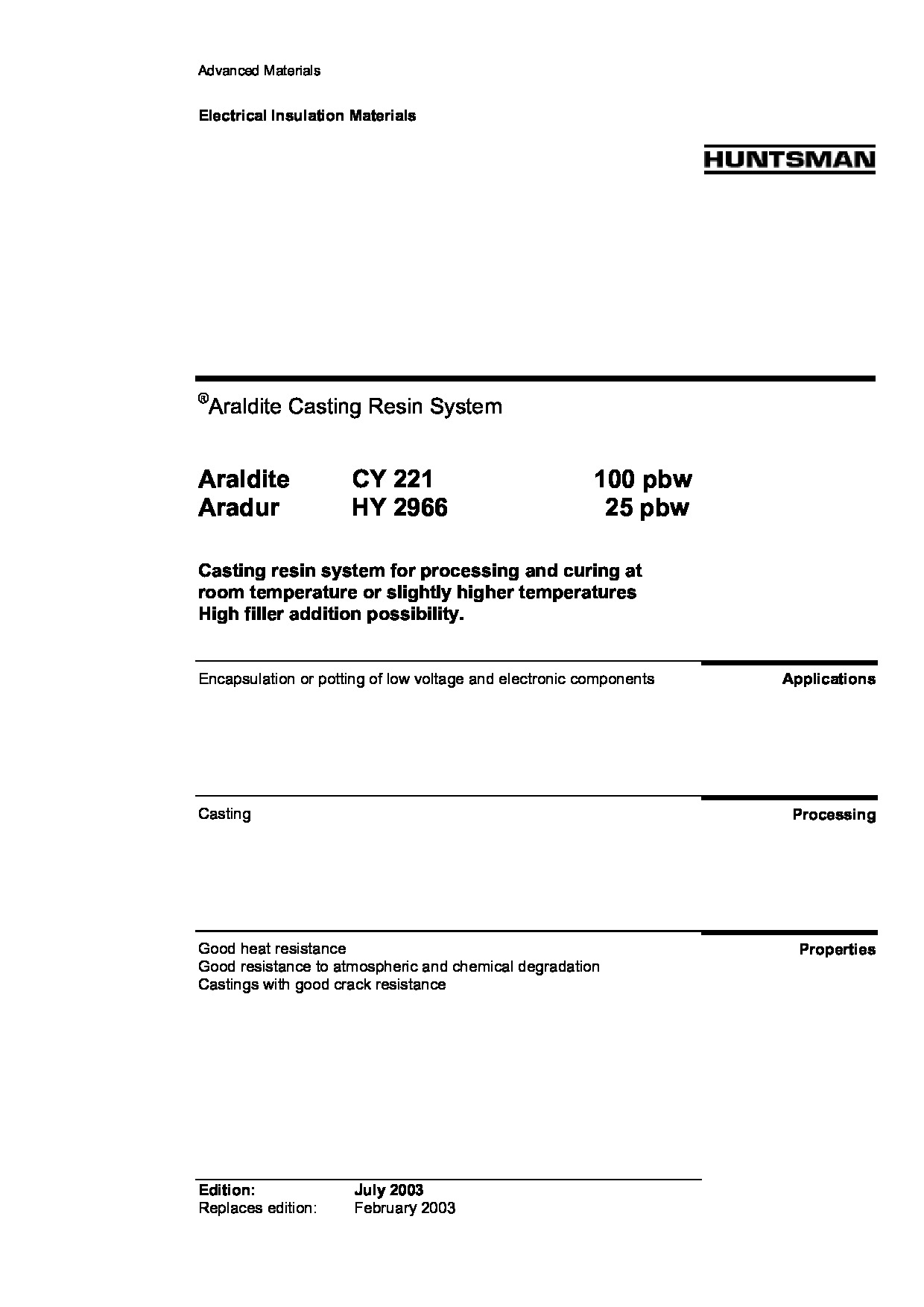 Araldite CY 221 + Aradur HY 2966 TDS