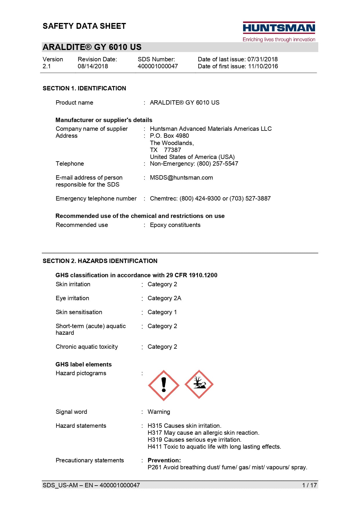 Araldite GY 6010 US SDS