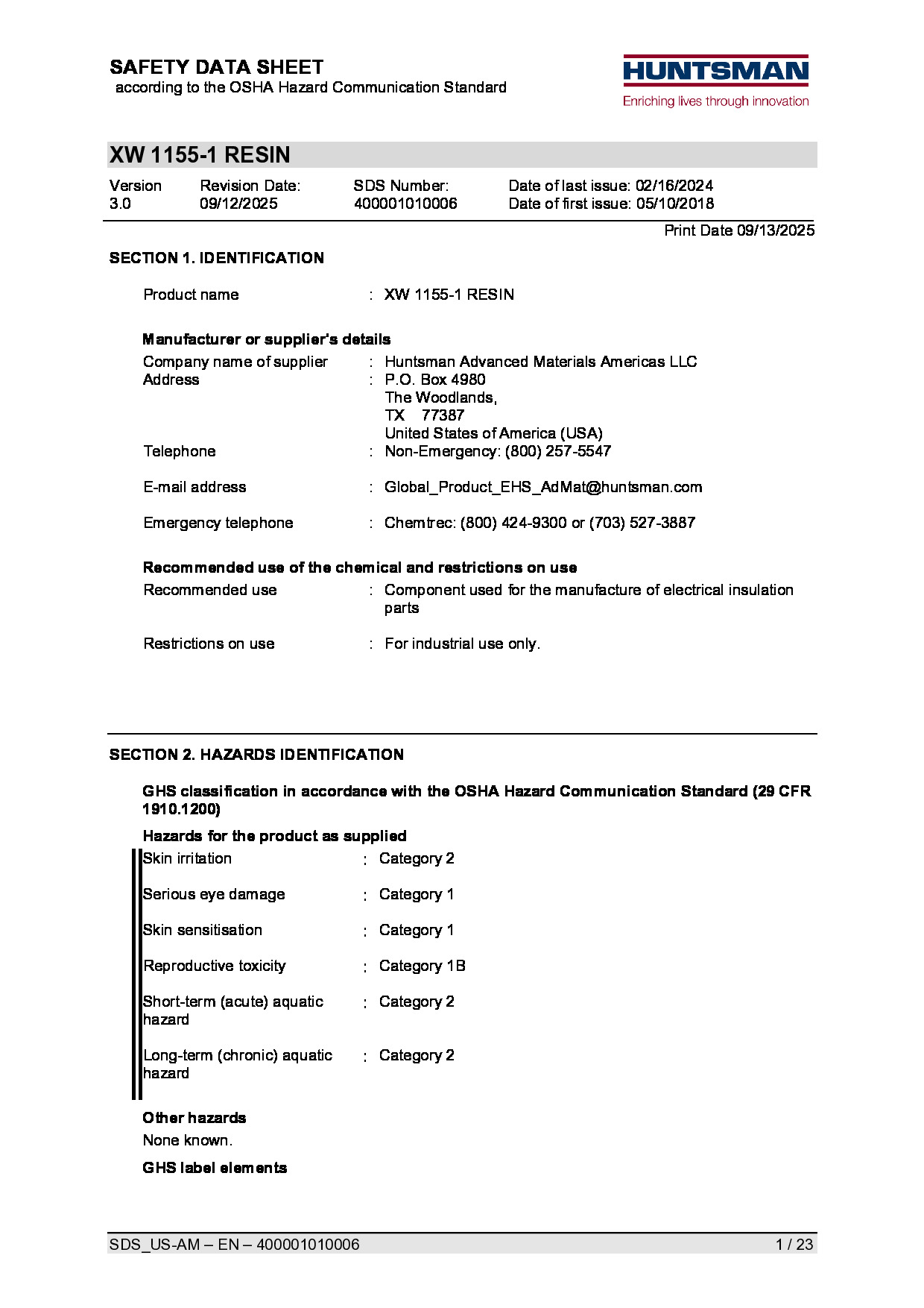 Araldite XW 1155 1 Resin SDS