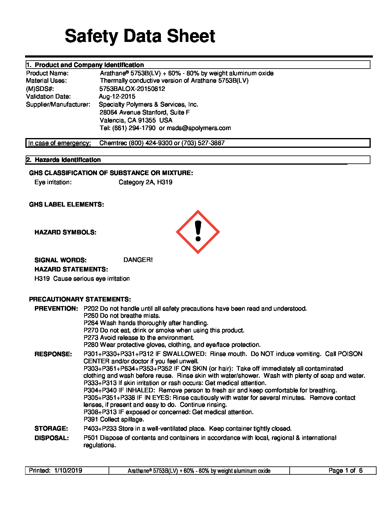 Arathane 5753B(LV) With 60 To 80 Percent Aluminum Oxide SDS
