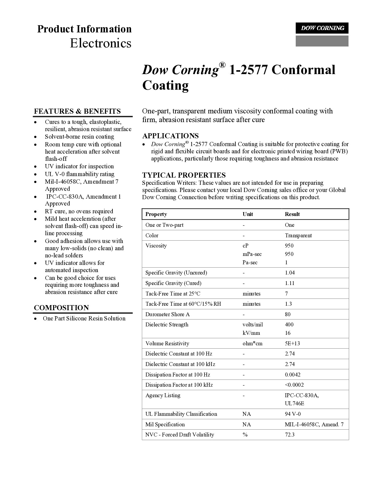 Dow Corning 1 2577 Conformal Coating TDS