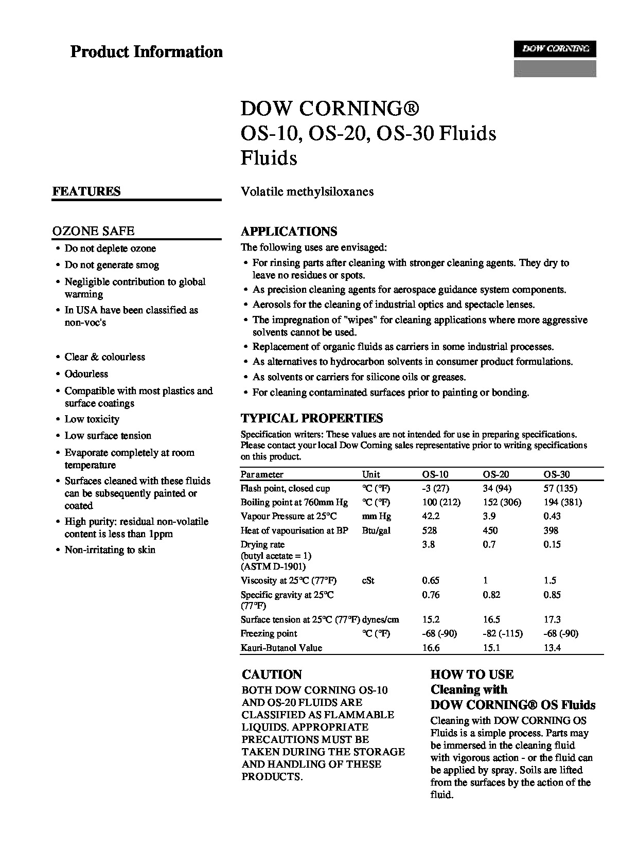 Dow OS Fluids Tech Data Sheets