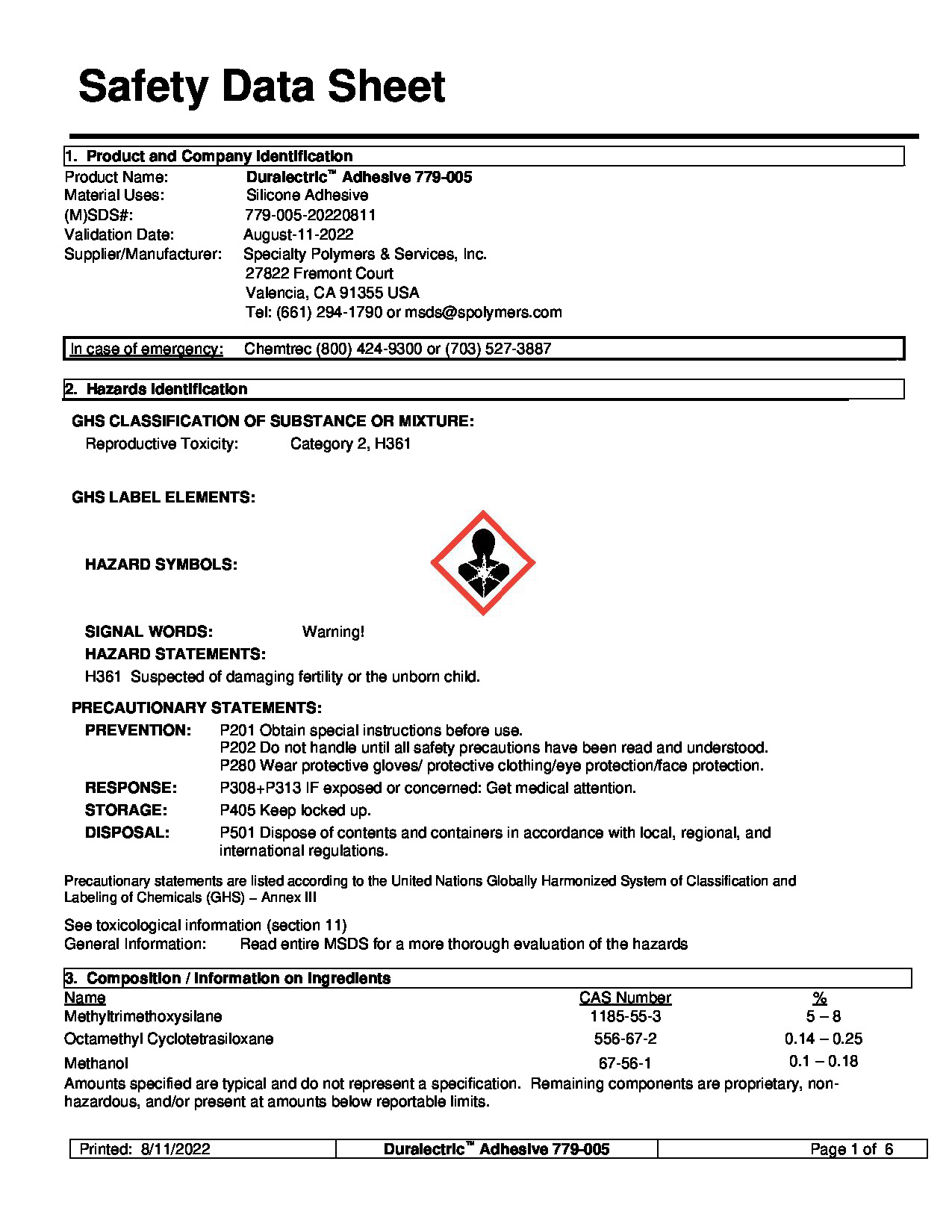 Duralectric Adhesive 779 005 SDS