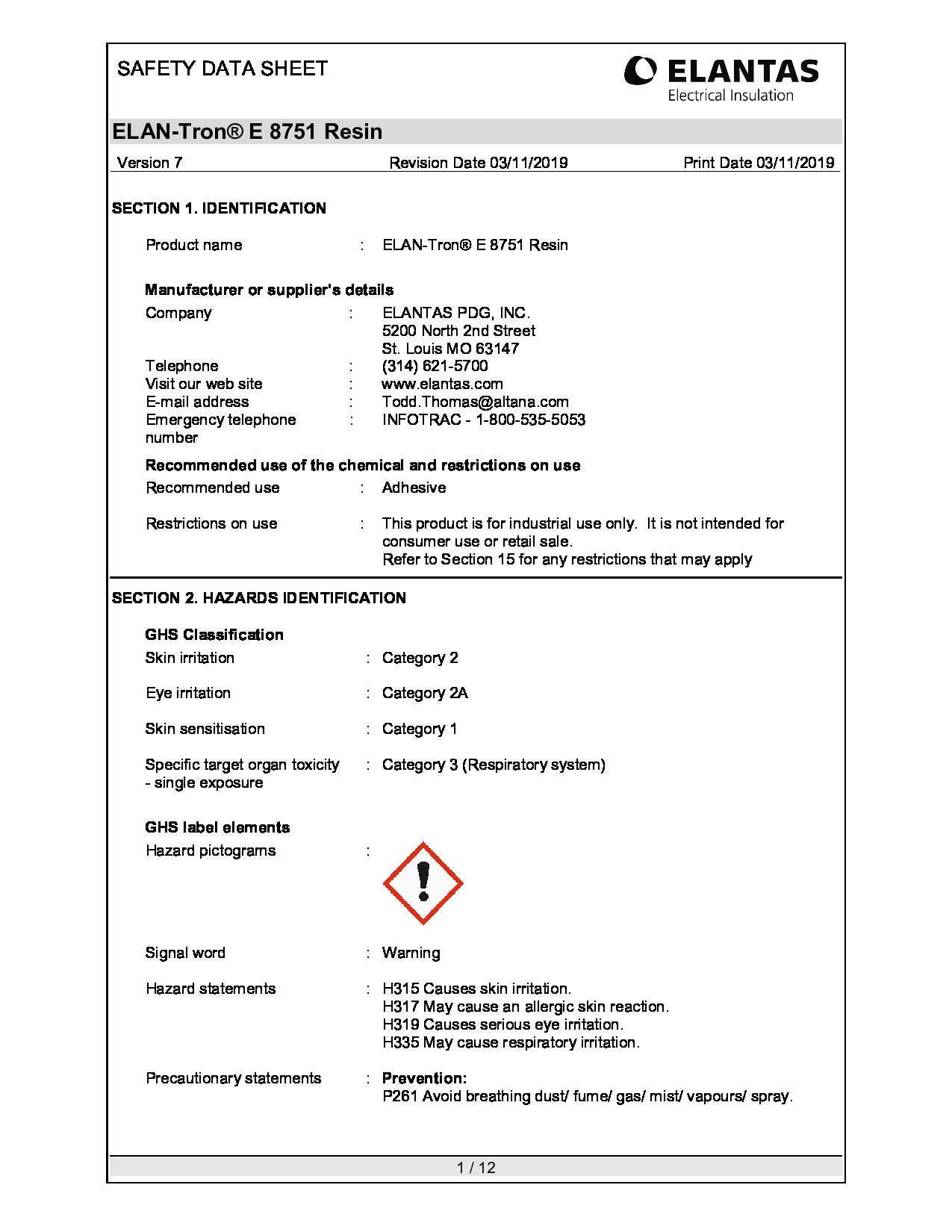 ELAN Tron E 8751 Resin SDS