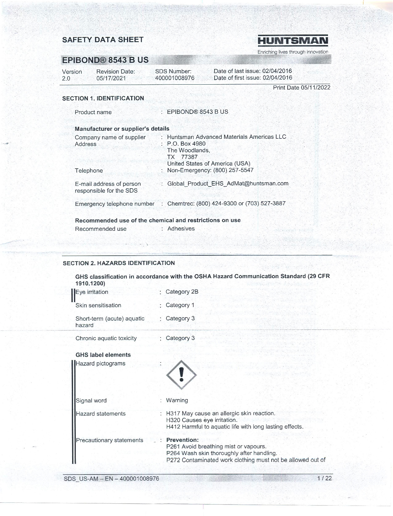 Epibond 8543 B US SDS