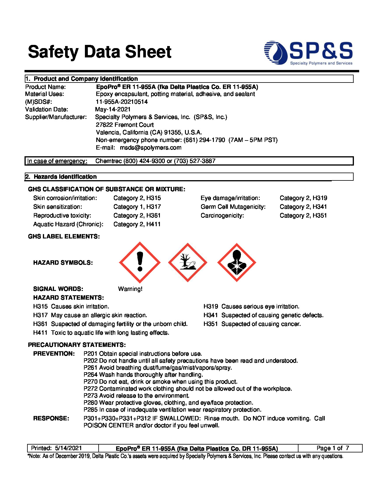 EpoPro ER 11 995A (Delta Plastics ER 11 955A) SDS