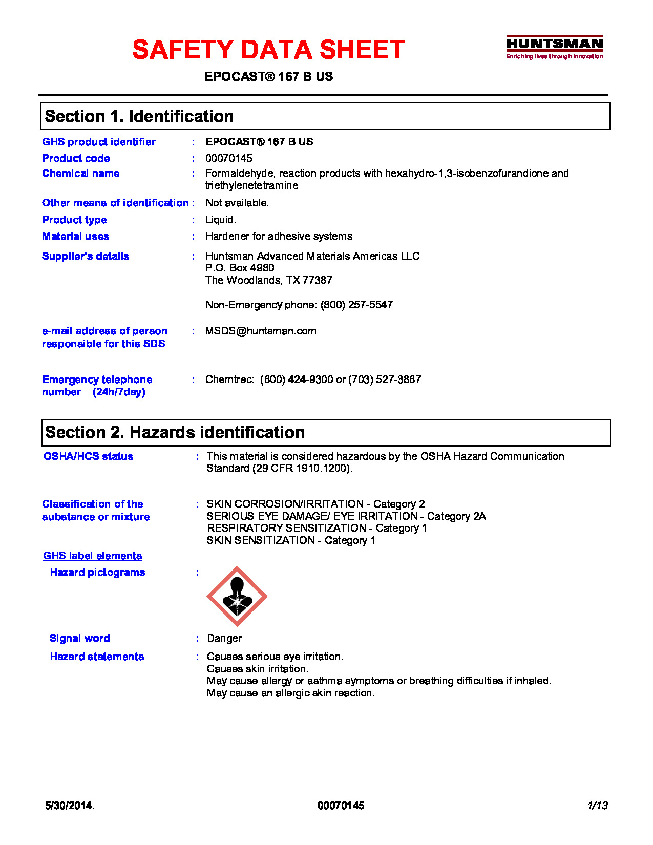 Epocast 167 B US SDS
