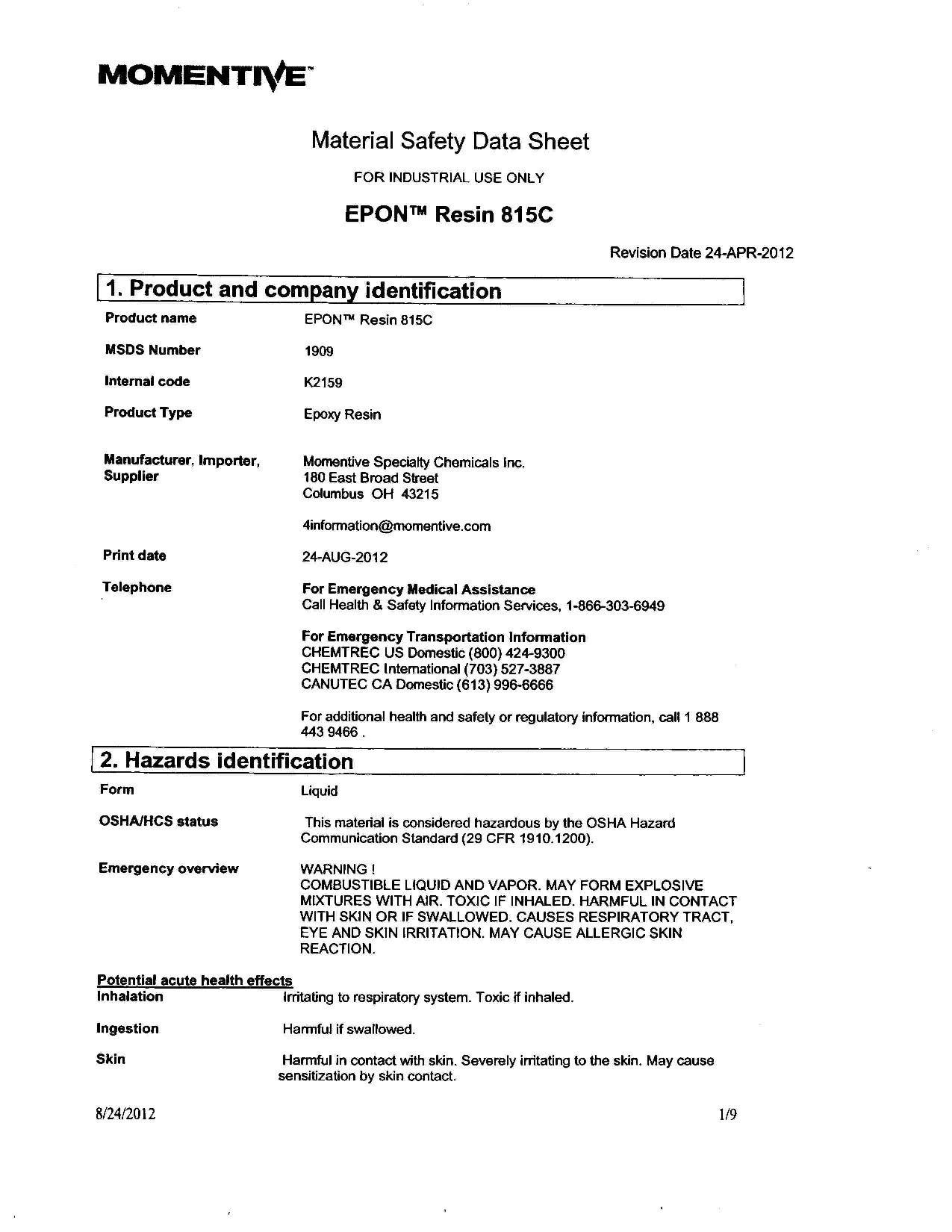 Epon Resin 815C MSDS