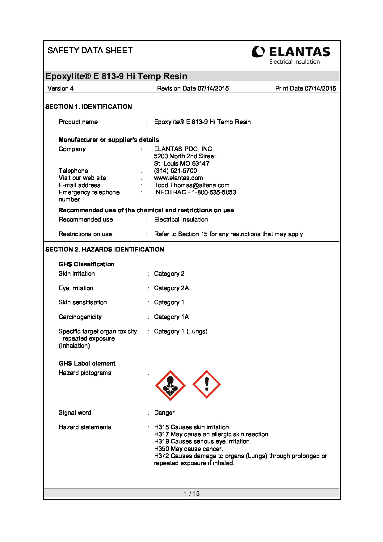 Epoxylite E 813 9 Hi Temp Resin SDS
