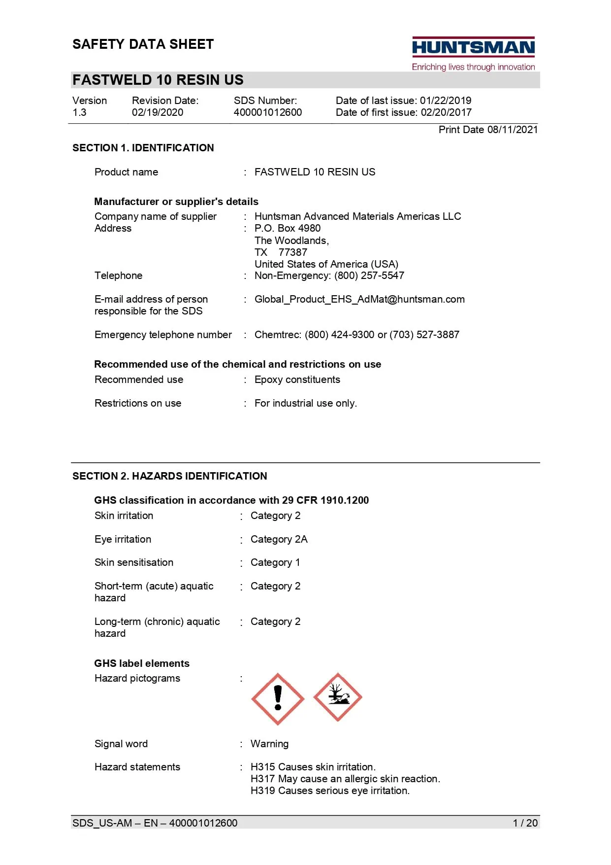 Fastweld 10 Resin US SDS