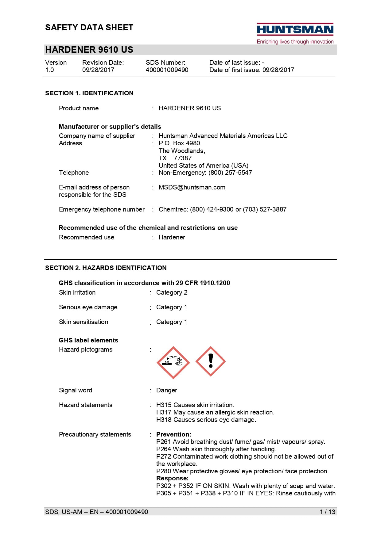 Hardener 9610 Us Sds