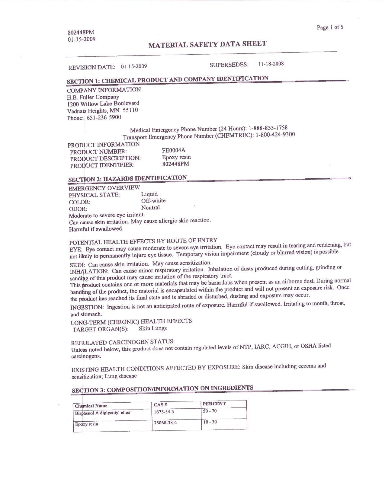 HB Fuller 0004A FE0004A MSDS