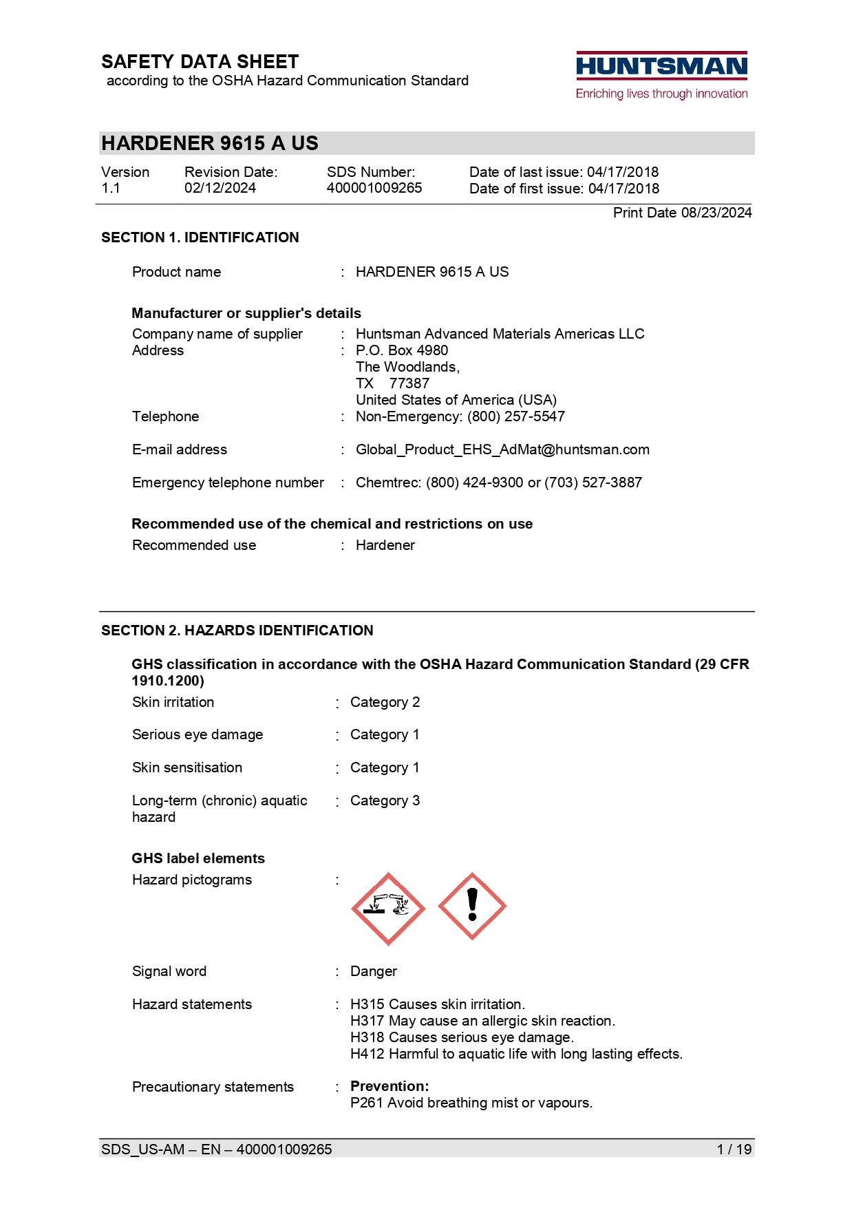 Hardener 9615 A US SDS