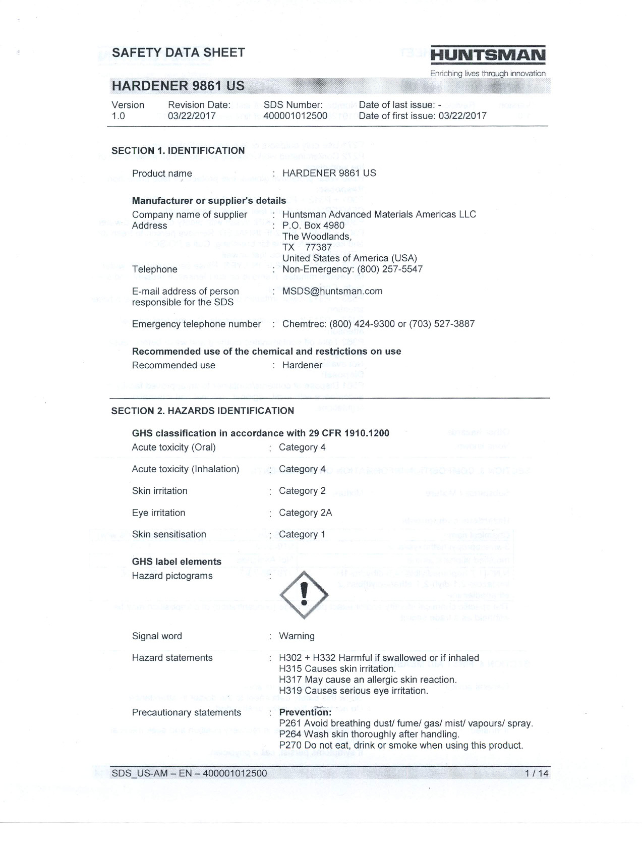 Hardener 9861 US SDS