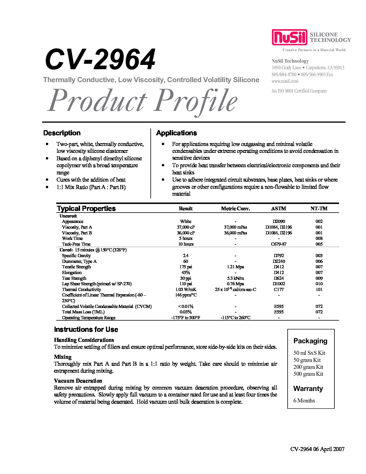 NuSil CV 2964P TDS