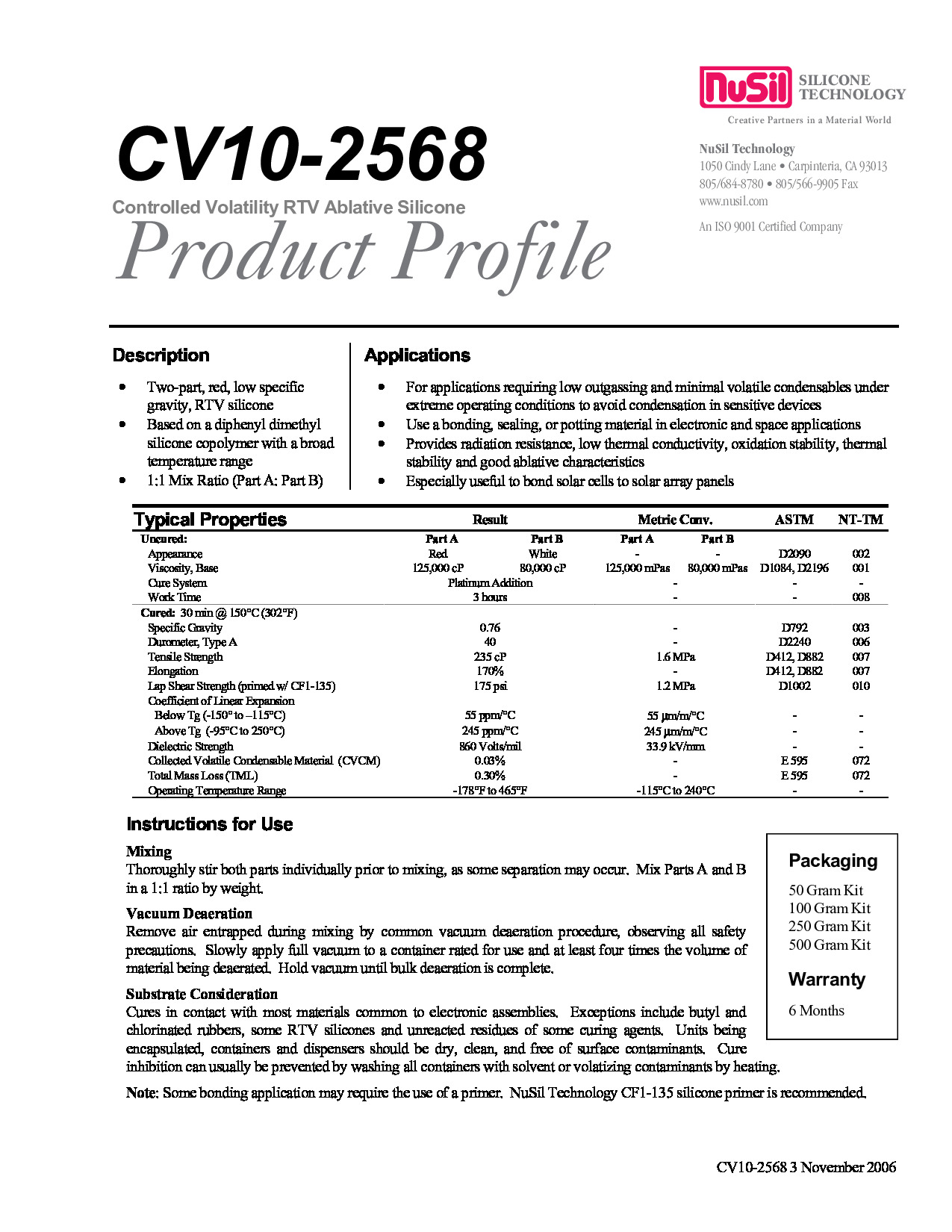 NuSil CV10 2568P TDS