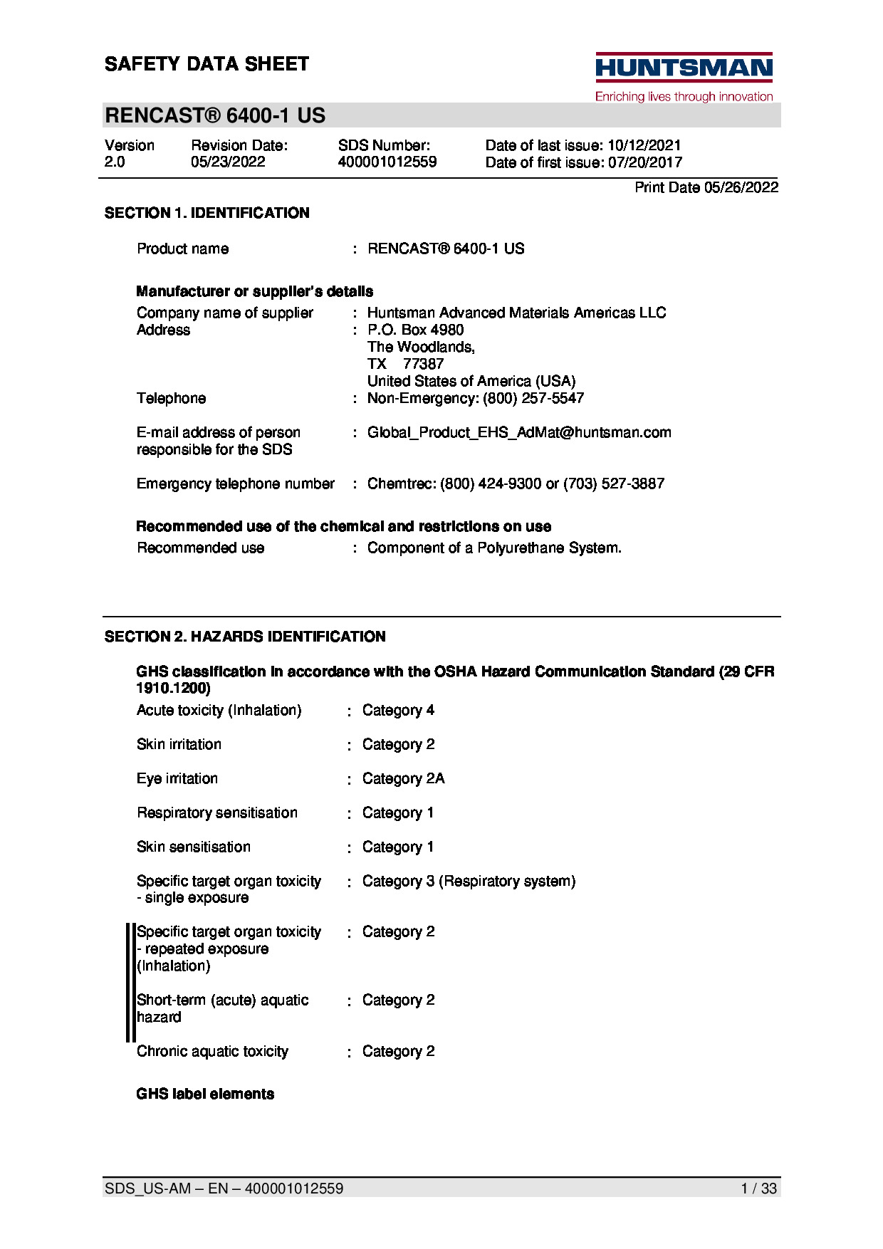 Rencast 6400 1 US SDS